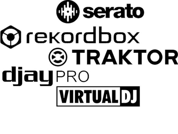 Logos of DJ software Rekwest exports to: Serato, rekordbox, Traktor, djay Pro and Virtual DJ