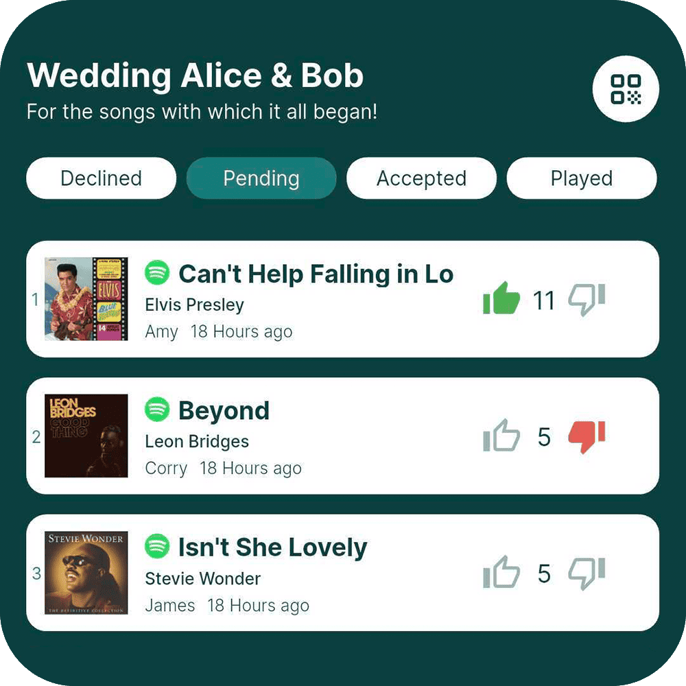 Rekwest listeners voting song requests up and down in real time