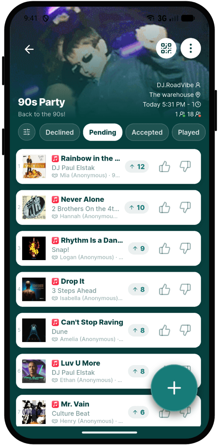 Guest view of song requests with upvotes