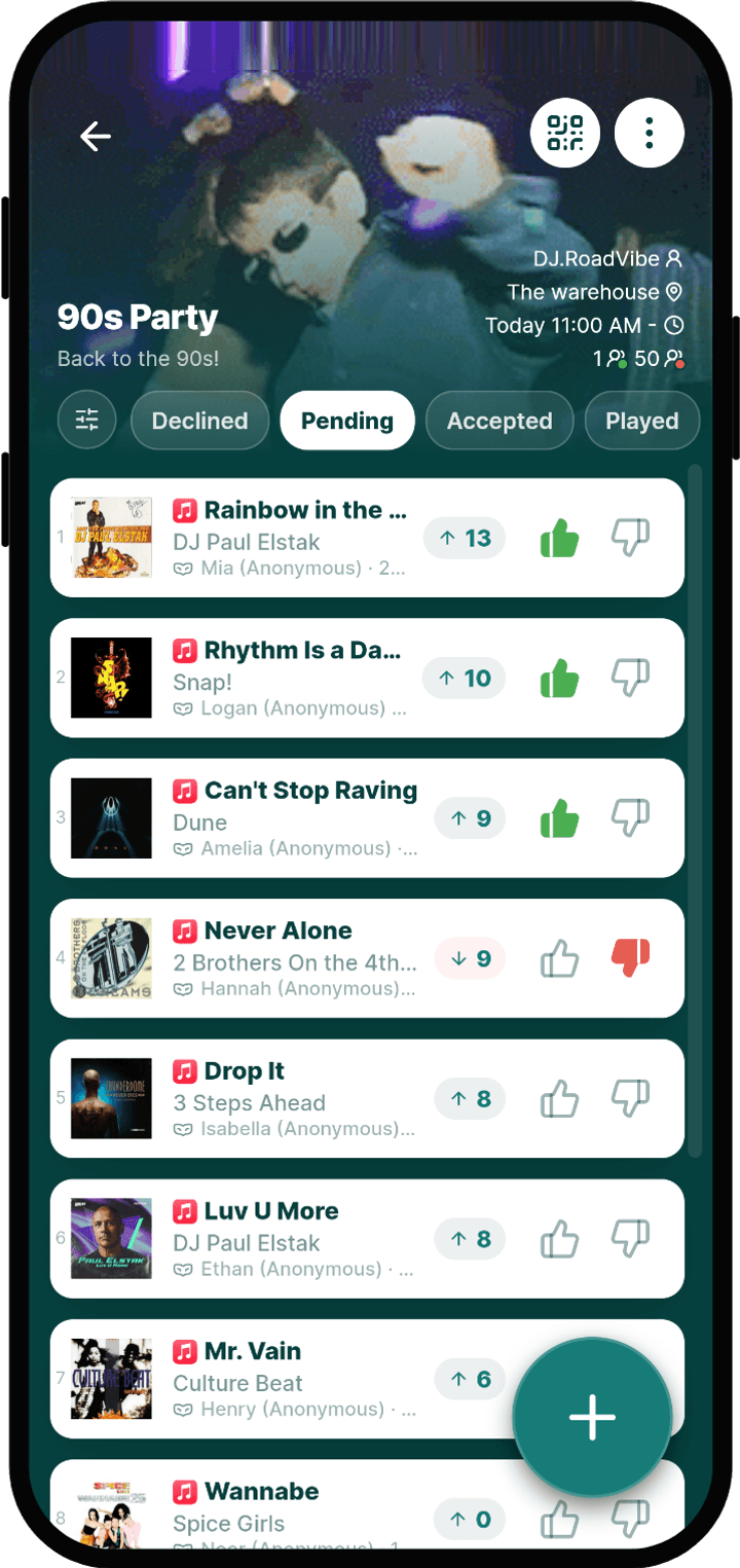 Guest view of song requests with upvotes