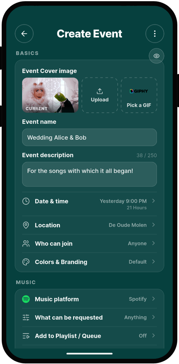 Rekwest 'Create Event' screen with name, cover image, duration and privacy settings