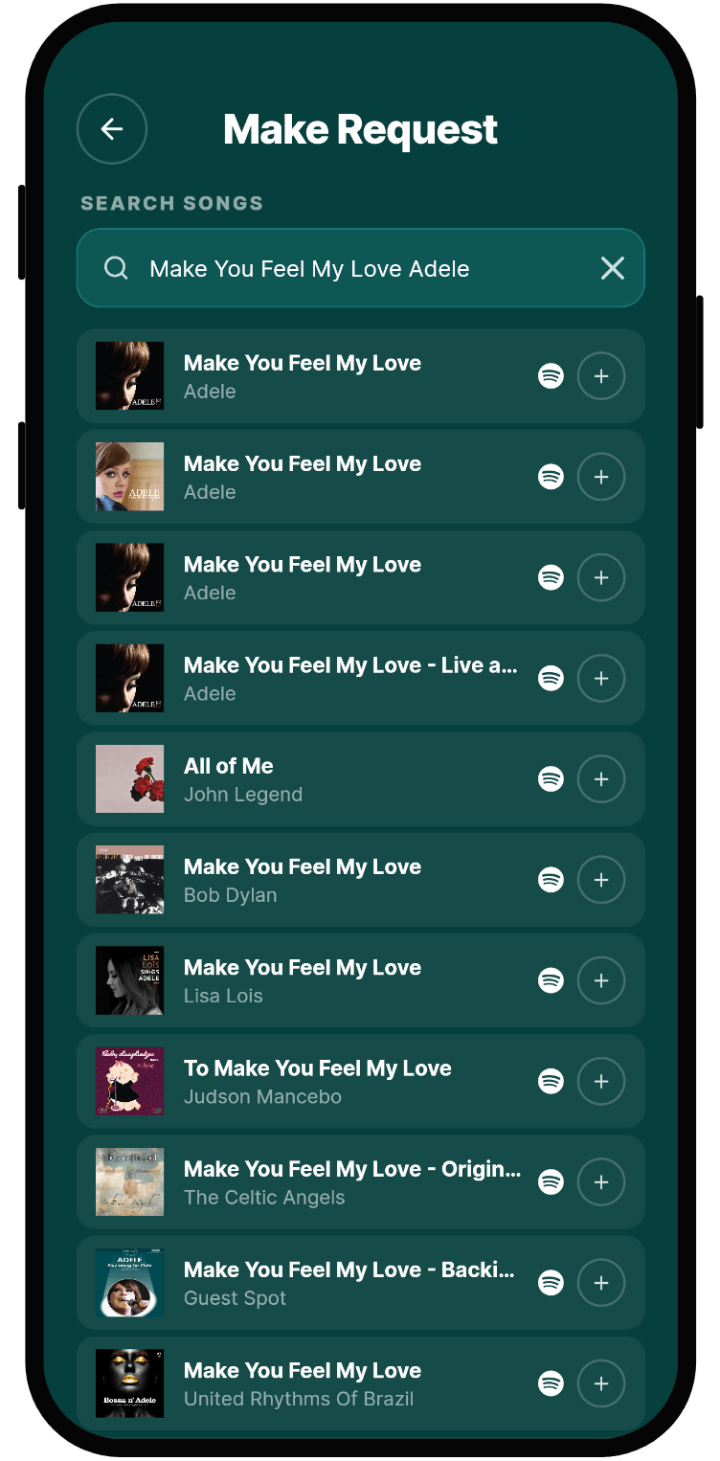 Rekwest 'Create request' screen searching Spotify for songs to request