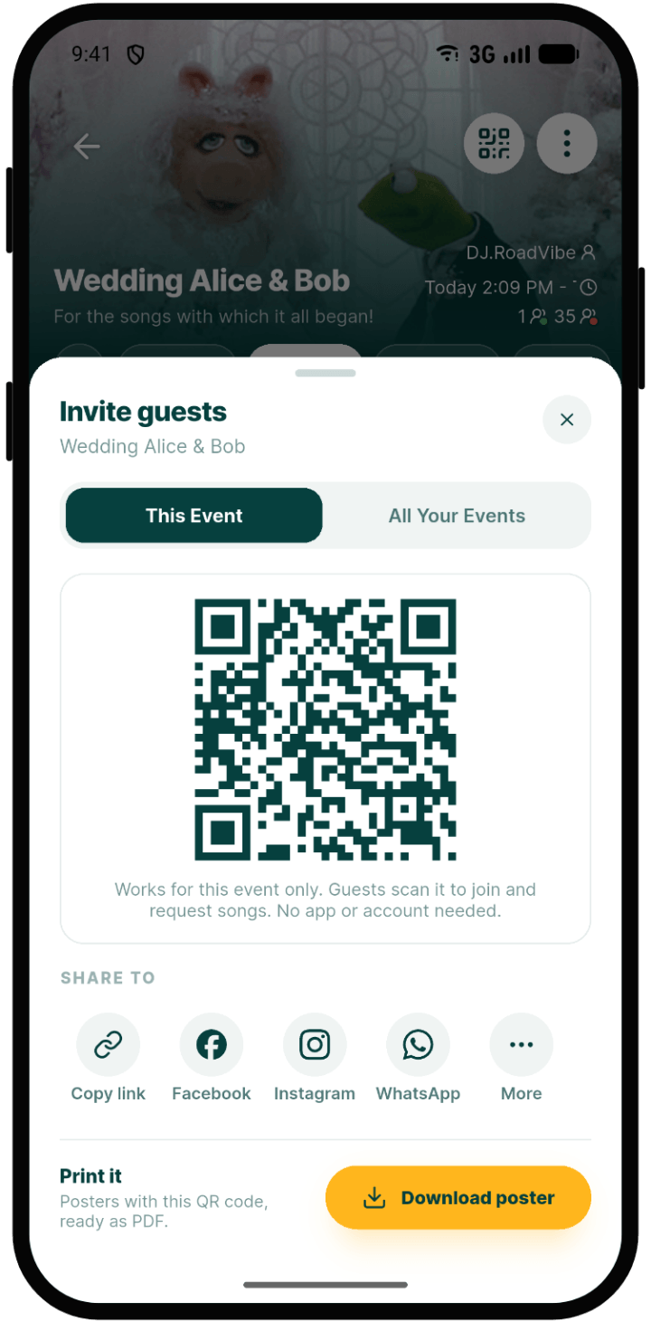 Invite guests sheet with the event QR code