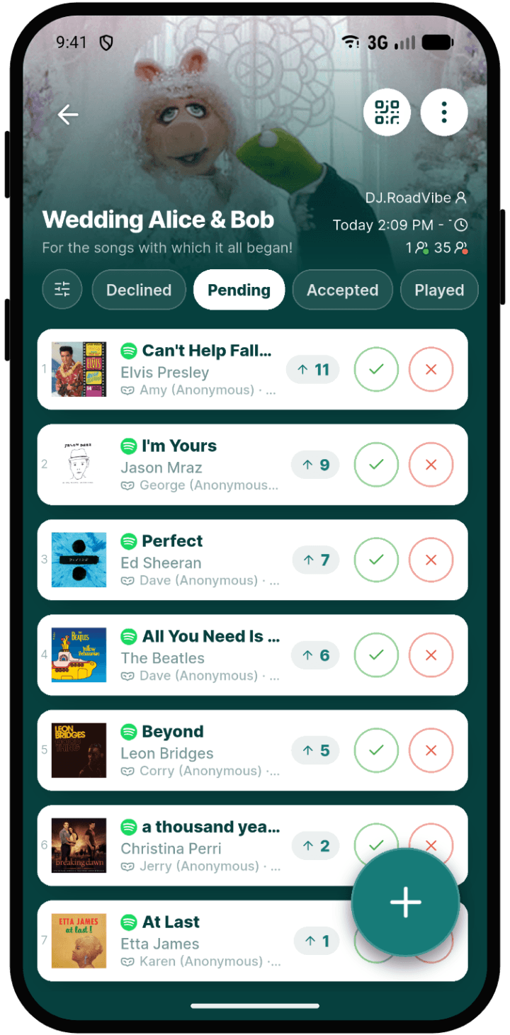 Rekwest event screen with guests upvoting and downvoting pending song requests