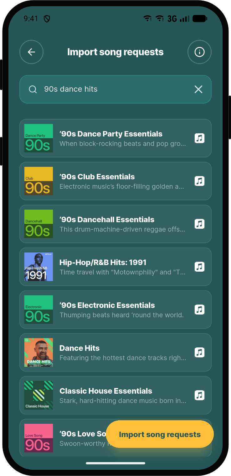 Playlist import screen in Rekwest
