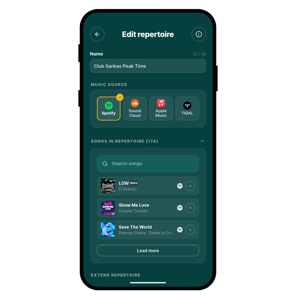 Edit repertoire screen in Rekwest