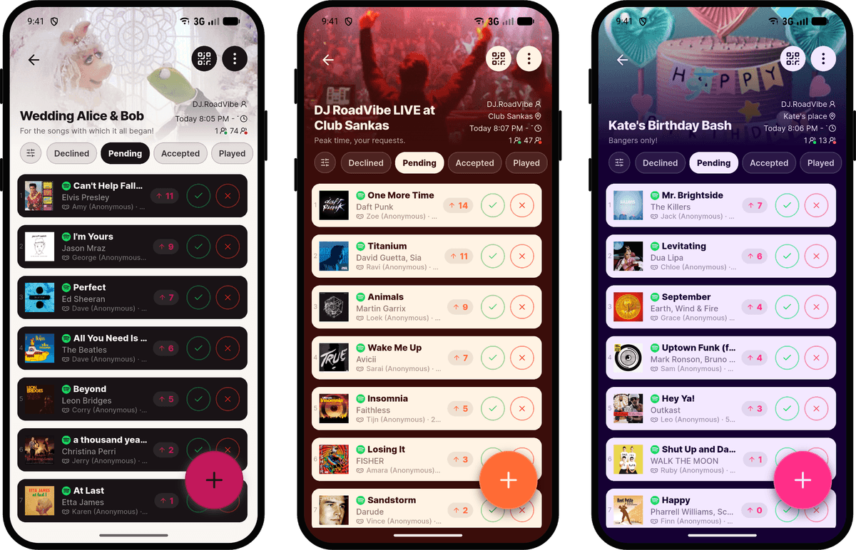 Three Rekwest events with different custom themes