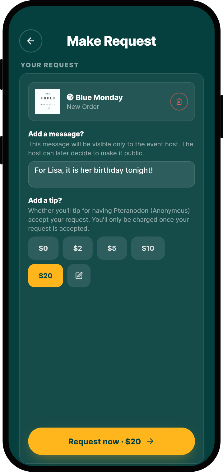 Guest adding a tip and a message to a song request