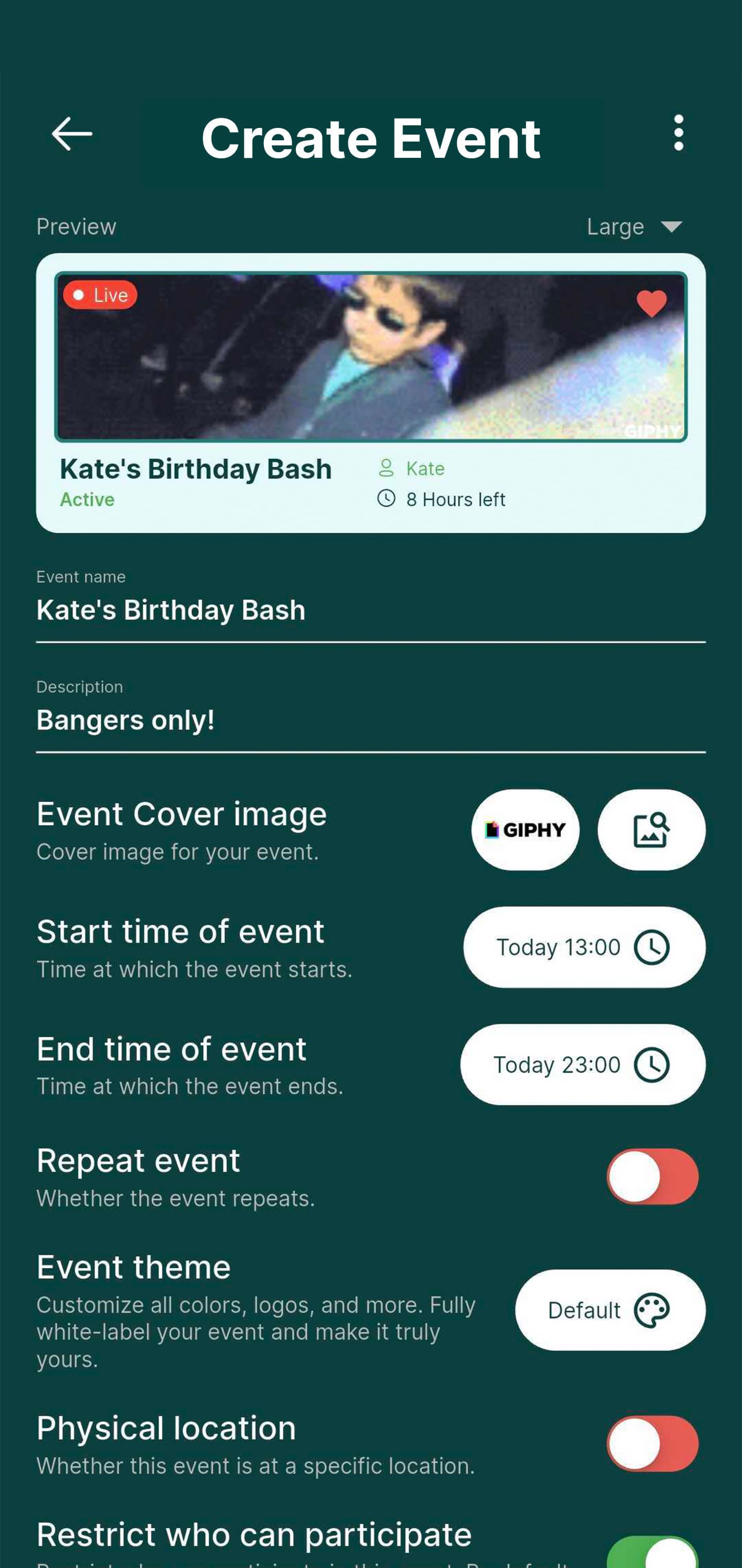 Rekwest 'Create Event' screen setting up a birthday house party with name, cover image, duration and privacy settings