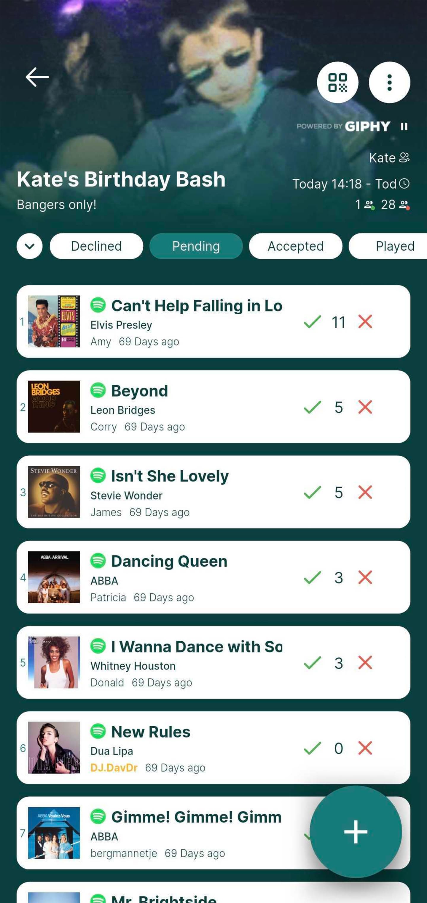 Rekwest house party screen with guests upvoting and downvoting pending song requests