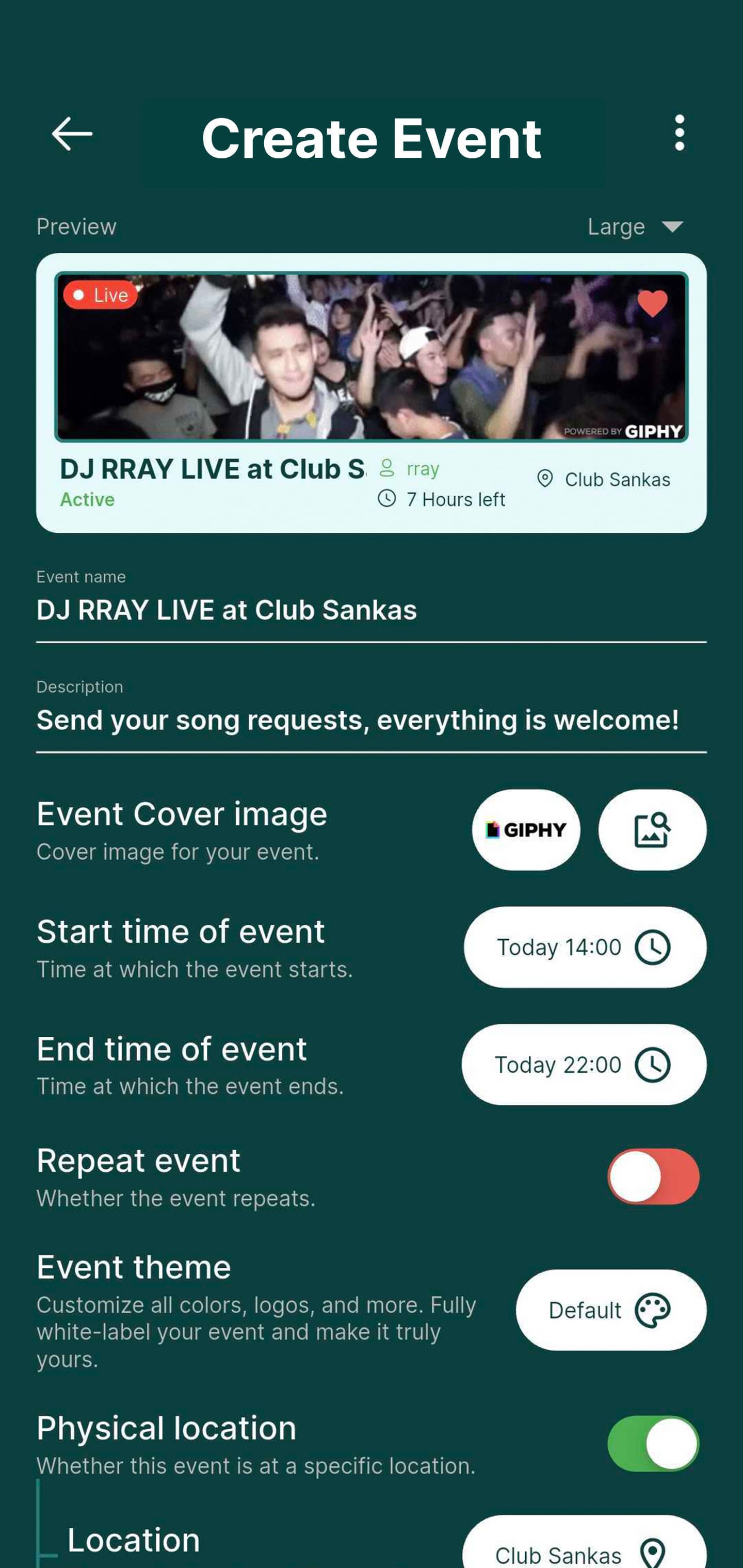 Rekwest 'Create Event' screen setting up a club night with name, cover image, duration and privacy settings
