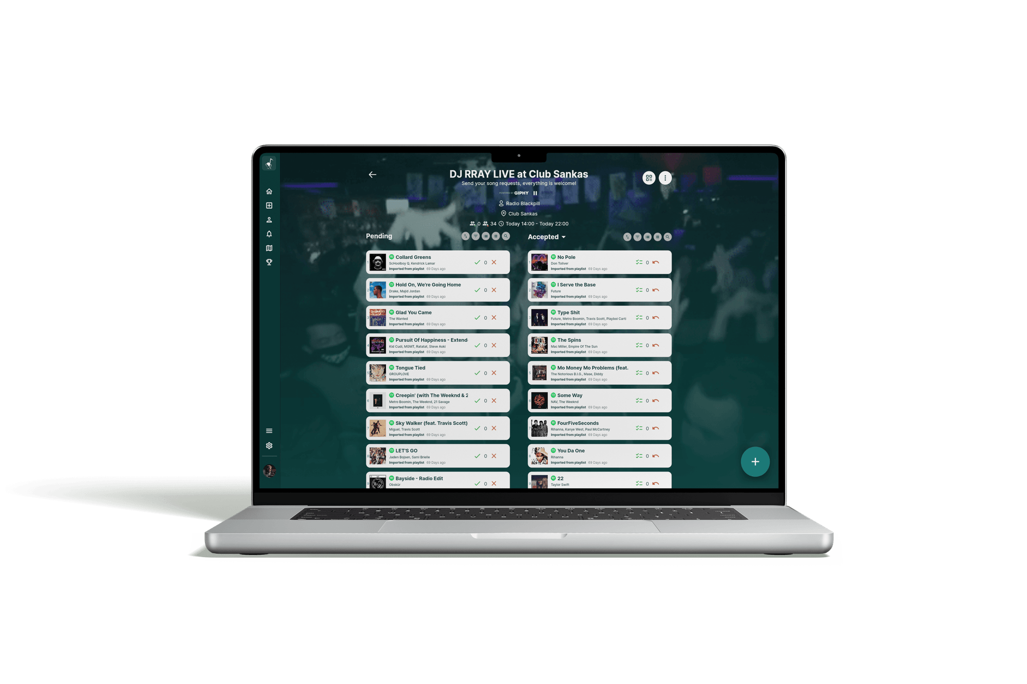 Rekwest song request app for club DJs on MacBook