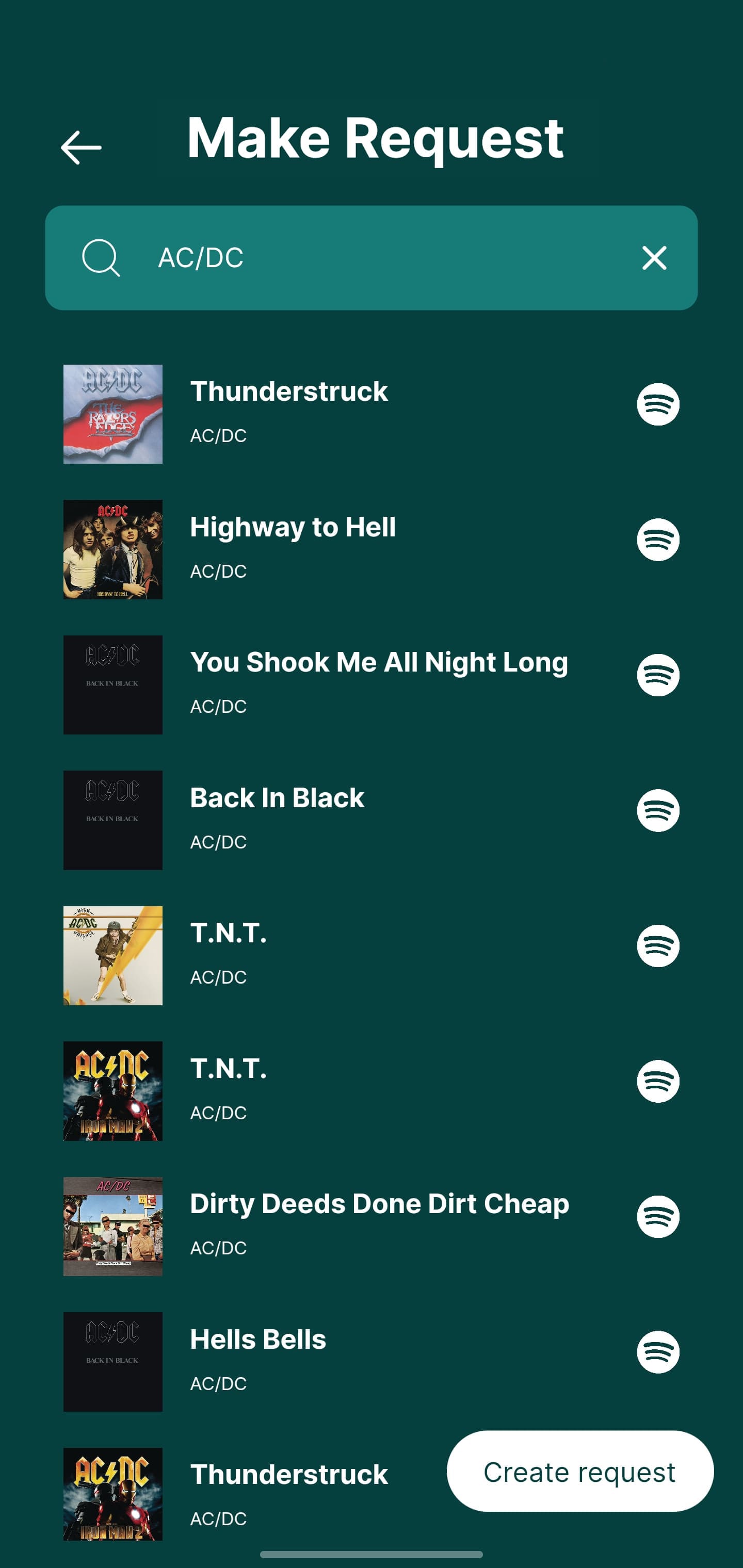 Rekwest 'Create request' screen searching Spotify for a song to request at the party