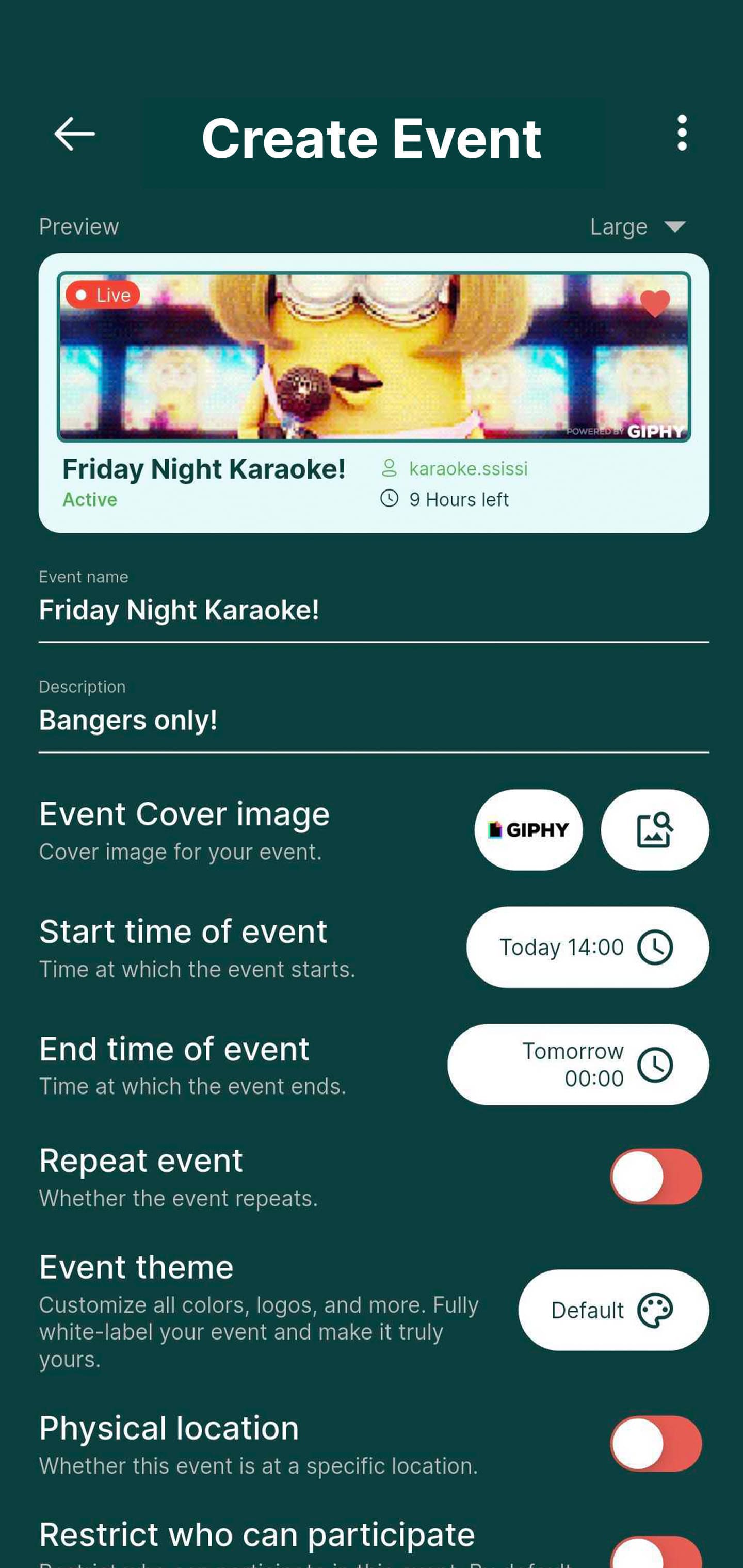 Rekwest 'Create Event' screen setting up a karaoke night with name, cover image, duration and privacy settings