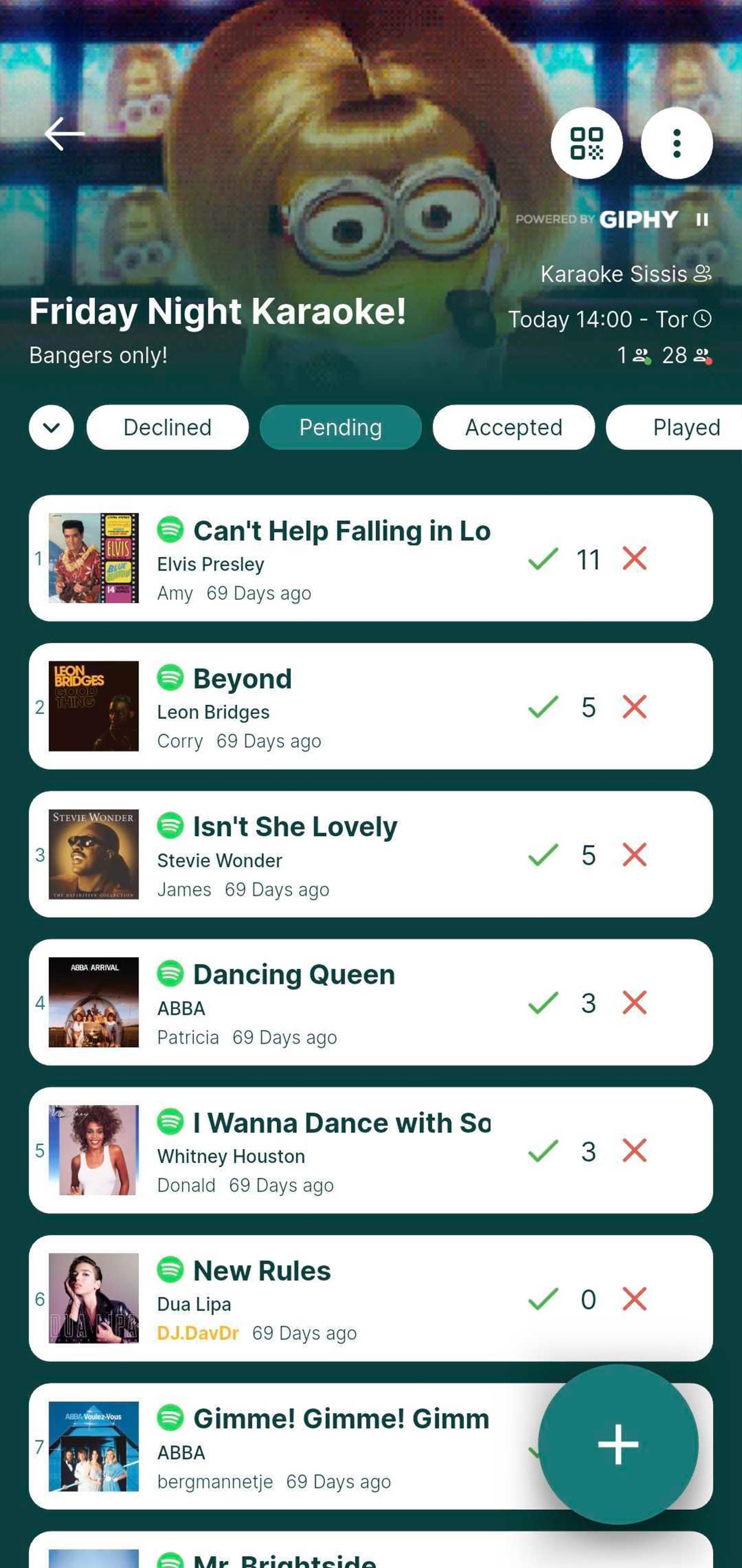 Rekwest karaoke night screen with singers upvoting and downvoting pending song requests