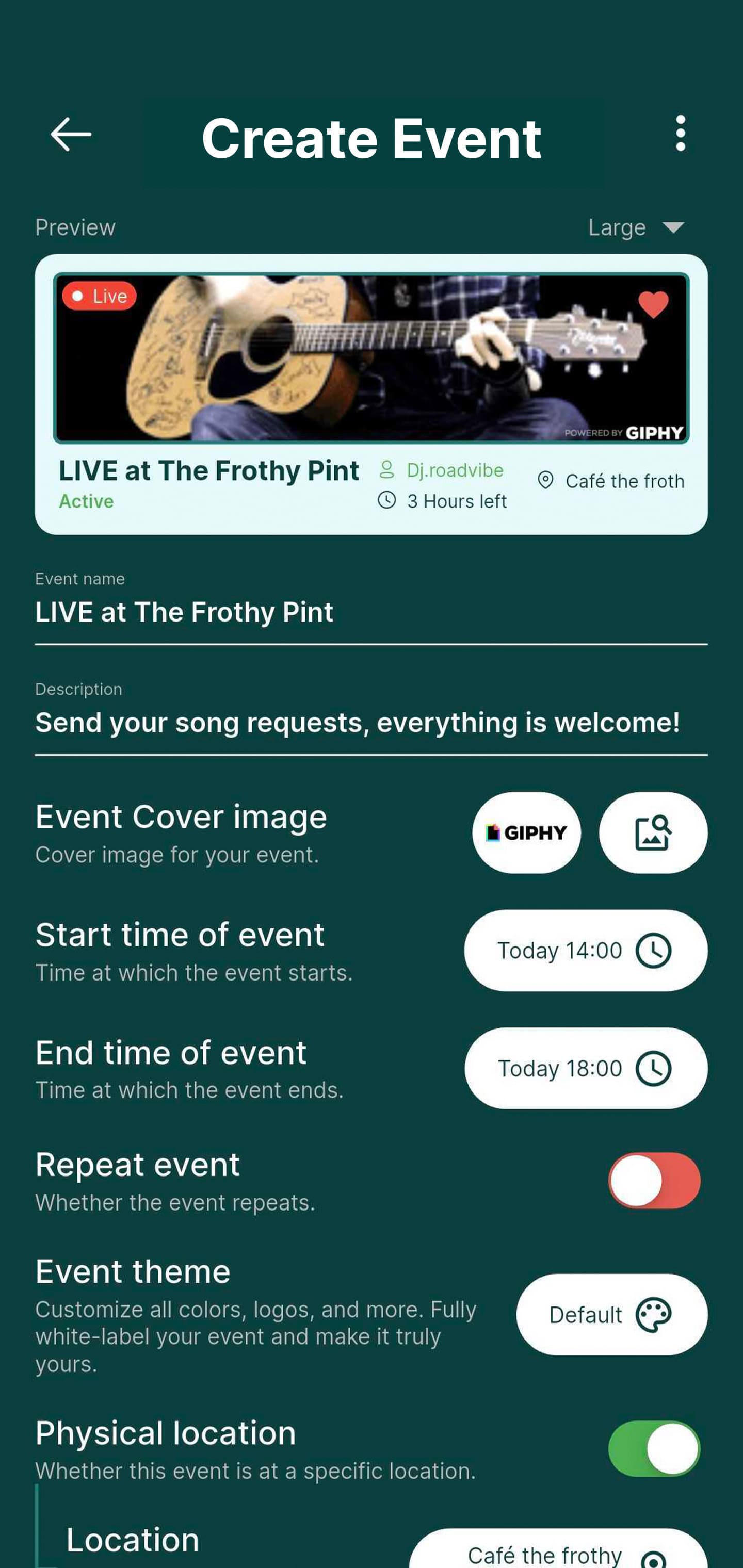 Rekwest 'Create Event' screen setting up a live band gig with name, cover image, duration and privacy settings
