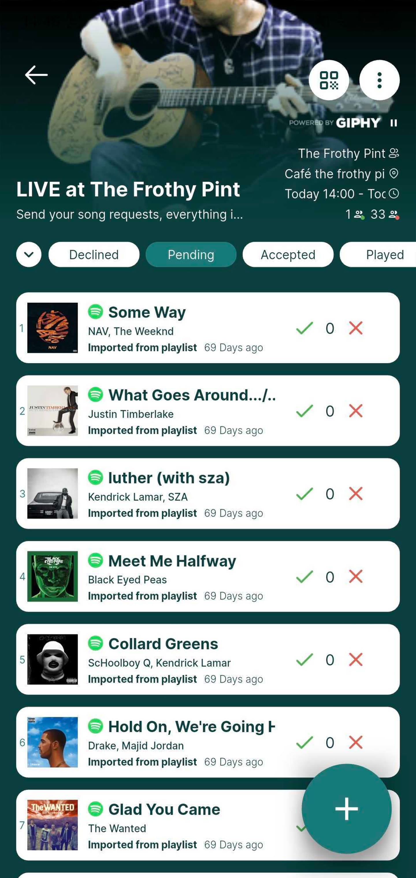 Rekwest live show screen with the audience upvoting and downvoting pending song requests