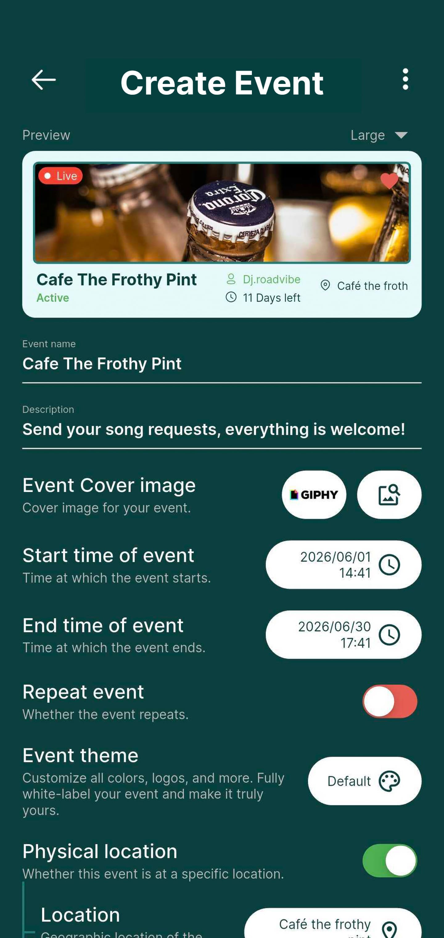 Rekwest 'Create Event' screen setting up a pub's night with name, cover image, duration and privacy settings