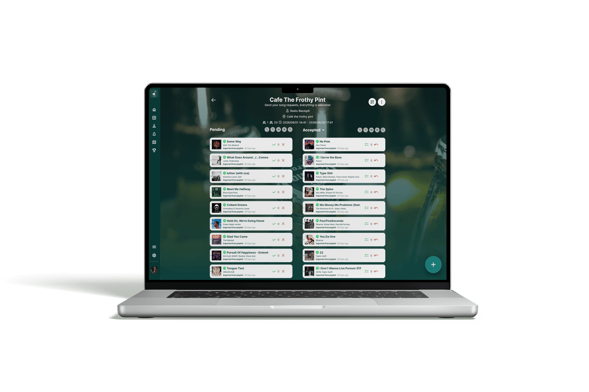 Rekwest song request app for pubs, bars and cafés on MacBook
