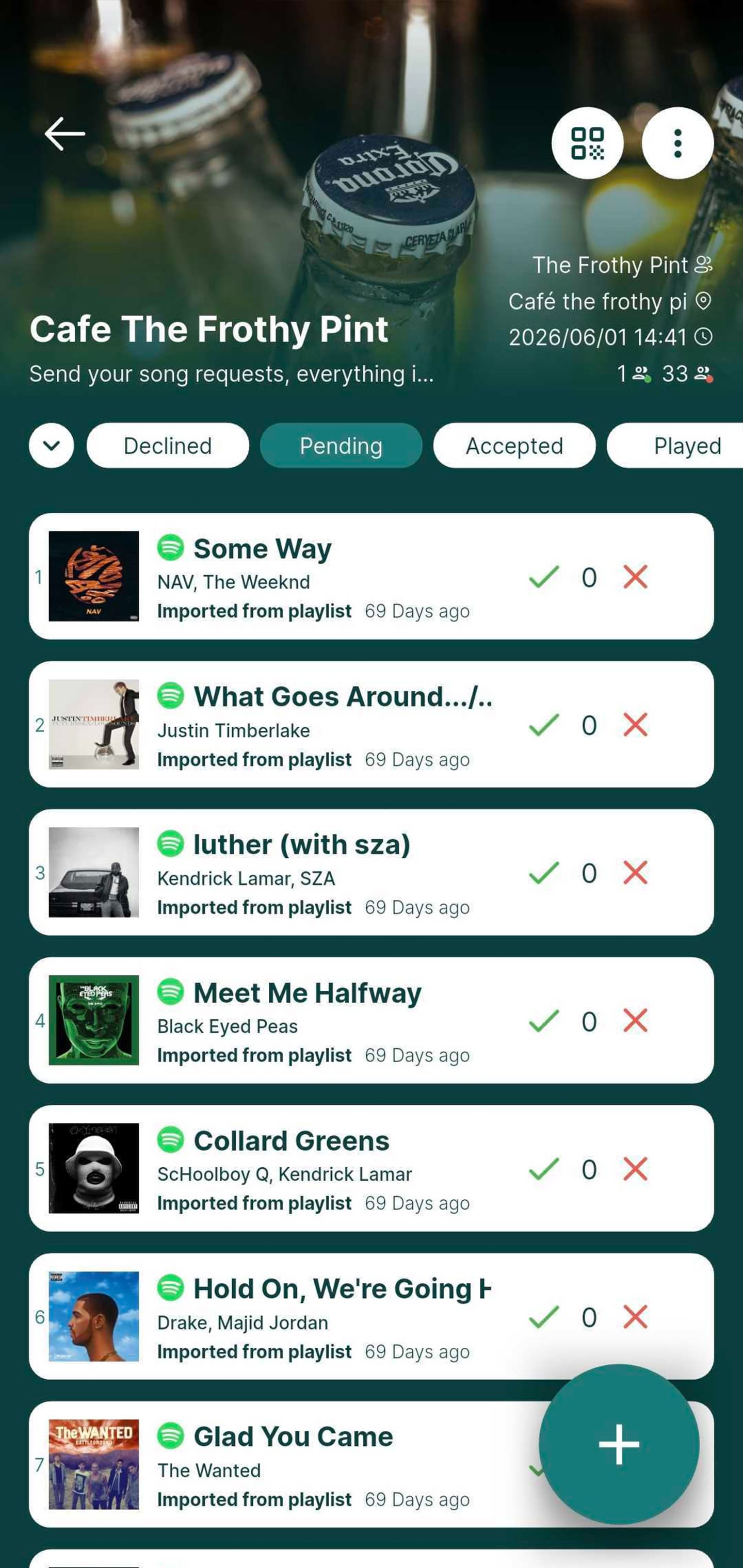 Rekwest pub screen with guests upvoting and downvoting pending song requests