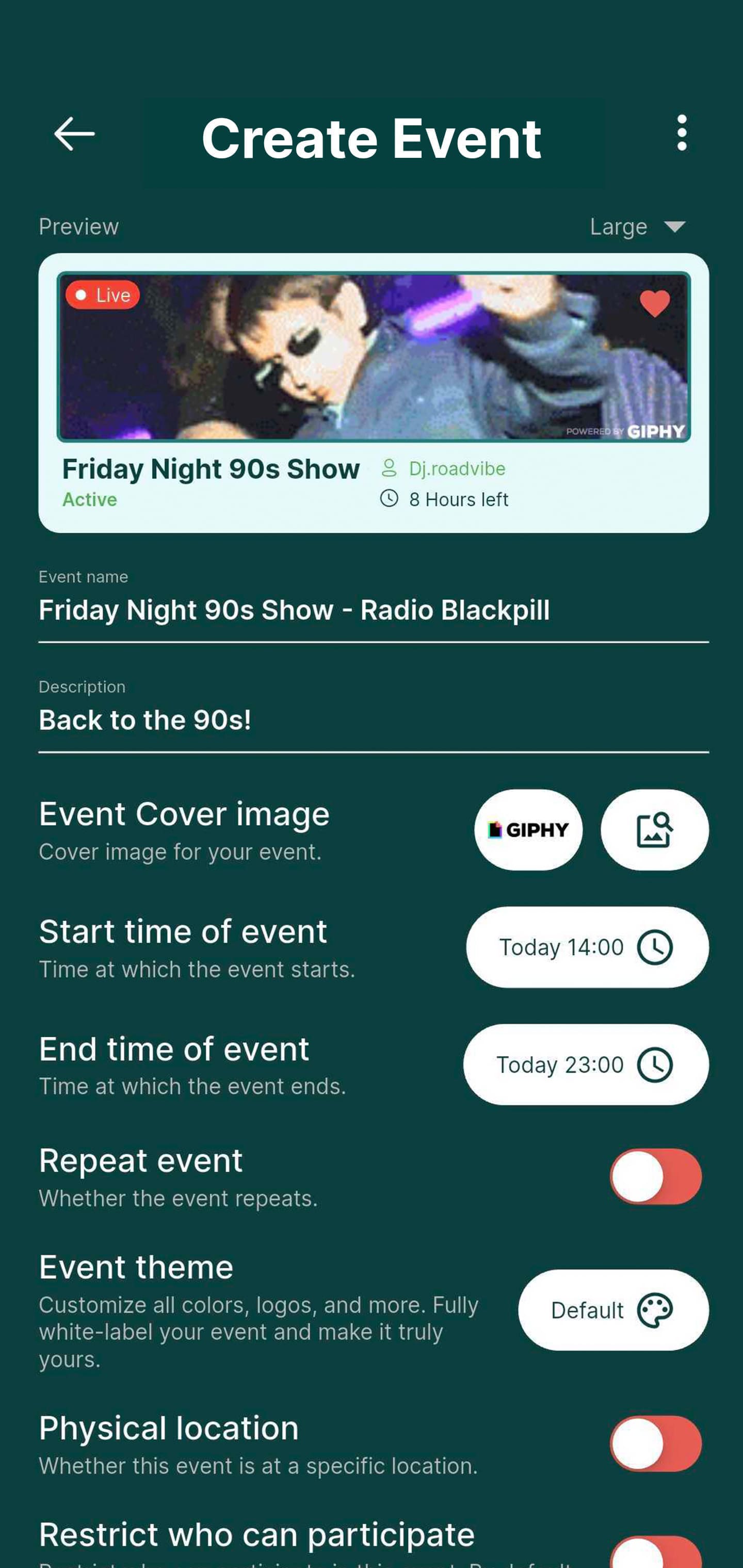 Rekwest 'Create Event' screen setting up a radio request show with name, cover image, duration and privacy settings