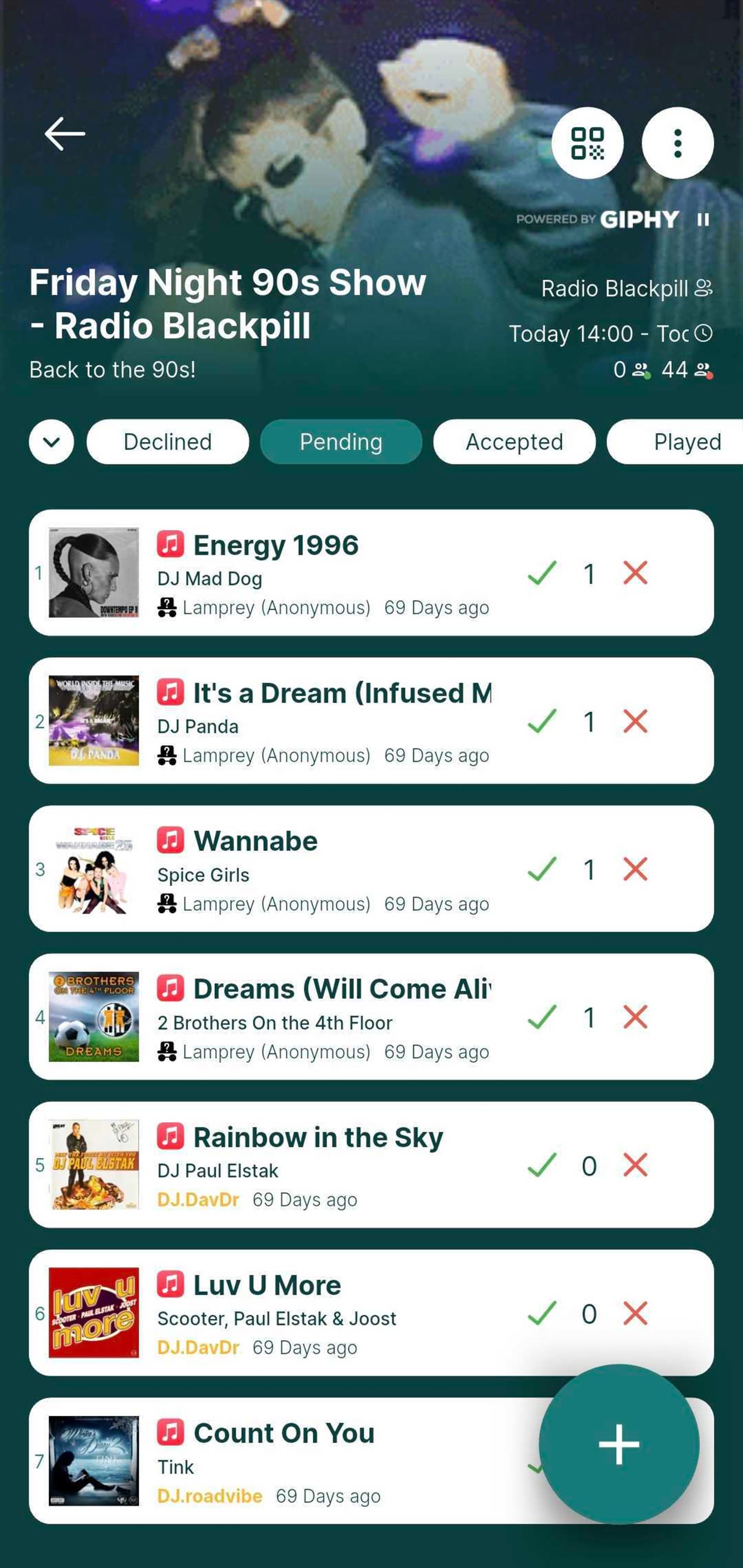 Rekwest radio show screen with listeners upvoting and downvoting pending song requests