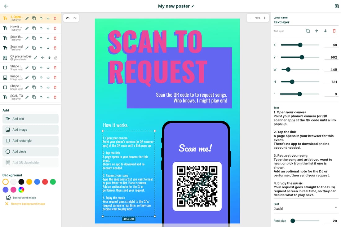 QR code poster editor in Rekwest