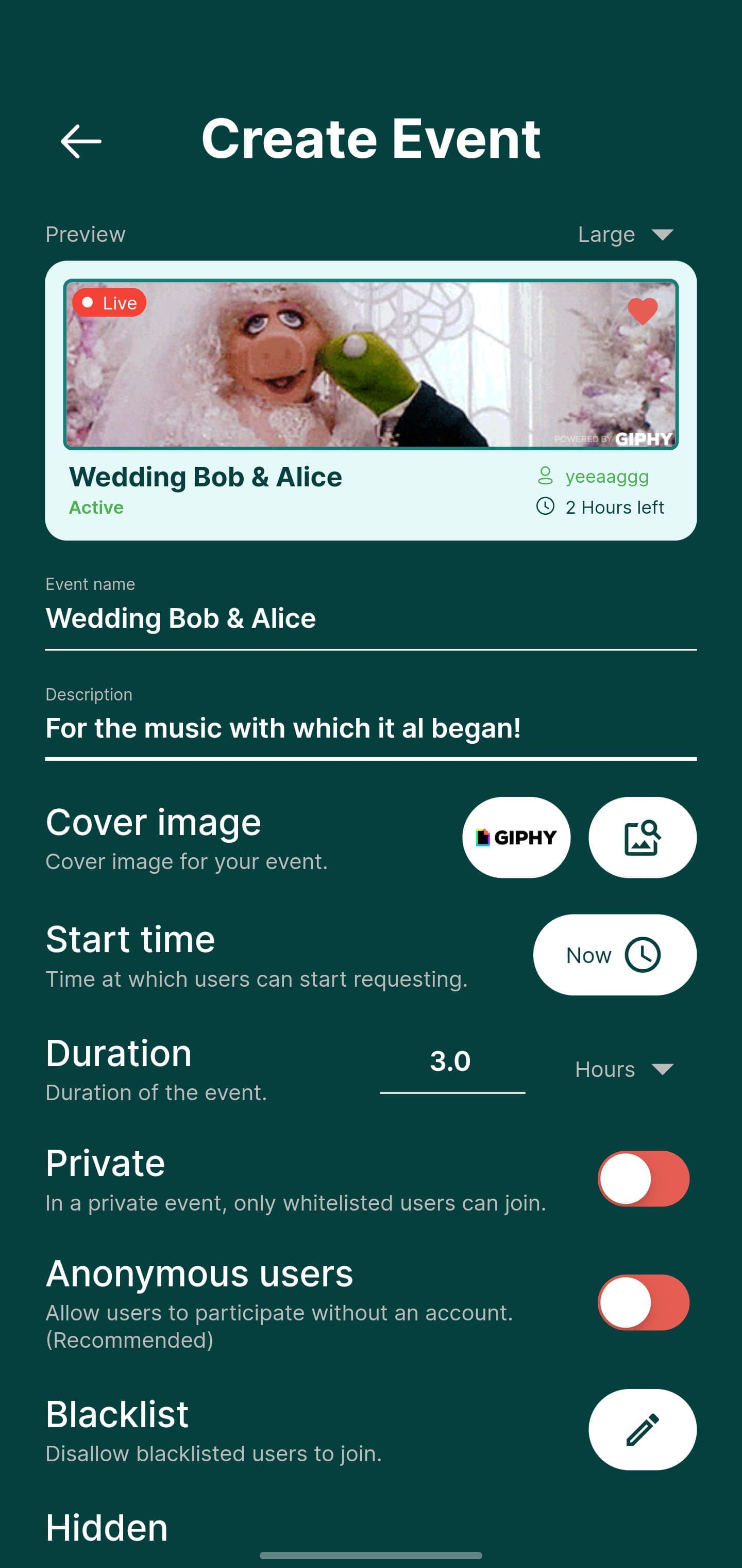 Rekwest 'Create Event' screen setting up a wedding with name, cover image, duration and privacy settings