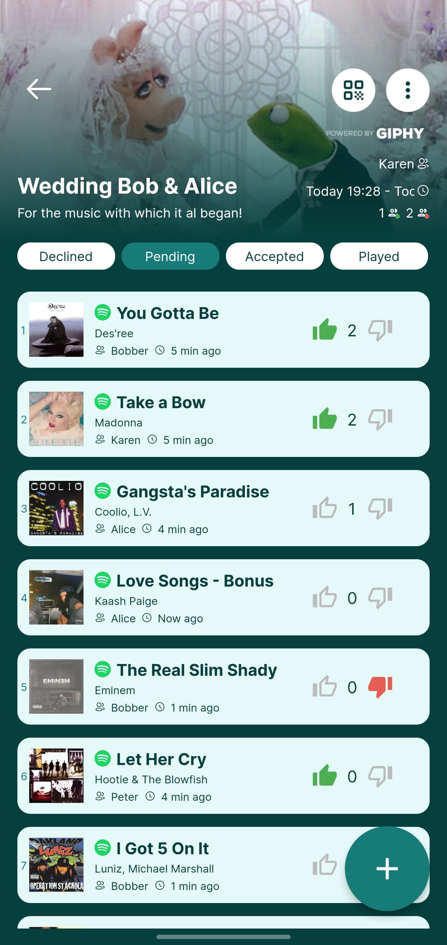 Rekwest wedding screen with guests upvoting and downvoting pending song requests