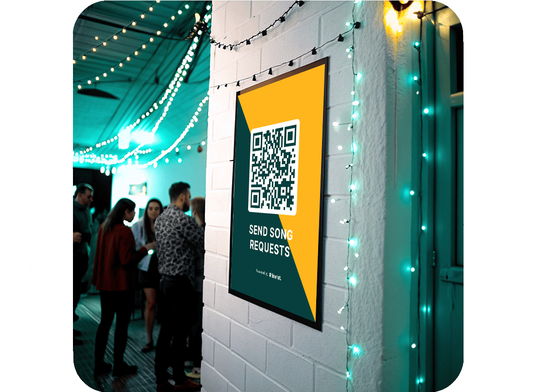 Printable Rekwest QR-code poster inviting wedding guests to send song requests